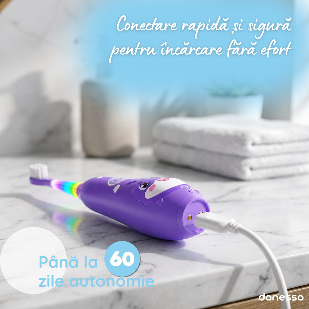 Periuta de Dinti Electrica Sonica Danesso Seago® – Curatare Delicata si Distractiva pentru Copii (0-8 ani), Mov