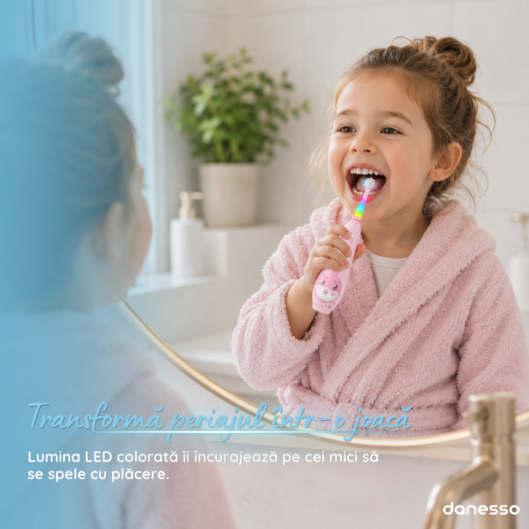 Periuta de Dinti Electrica Sonica Danesso Seago® – Curatare Delicata si Distractiva pentru Copii (0-8 ani), Roz
