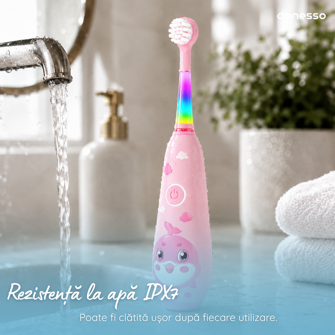 Periuta de Dinti Electrica Sonica Danesso Seago® – Curatare Delicata si Distractiva pentru Copii (0-8 ani), Roz