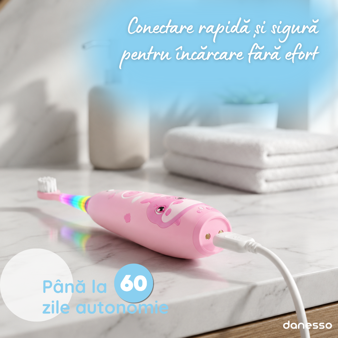 Periuta de Dinti Electrica Sonica Danesso Seago® – Curatare Delicata si Distractiva pentru Copii (0-8 ani), Roz
