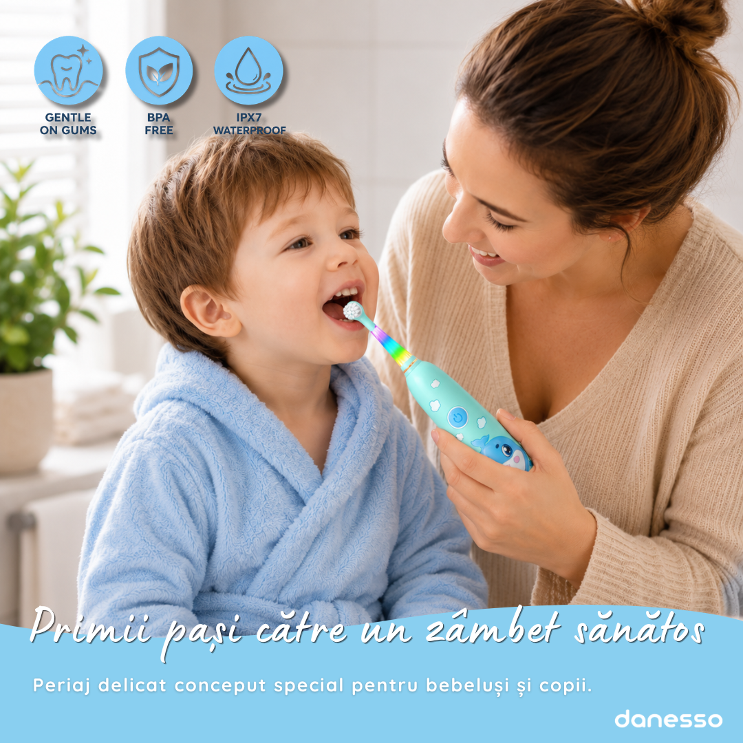 Periuta de Dinti Electrica Sonica Danesso Seago® – Curatare Delicata si Distractiva pentru Copii (0-8 ani), Turcoaz
