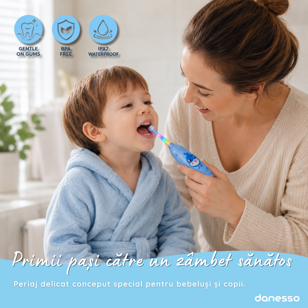 Periuta de Dinti Electrica Sonica Danesso Seago® – Curatare Delicata si Distractiva pentru Copii (0-8 ani), Albastru