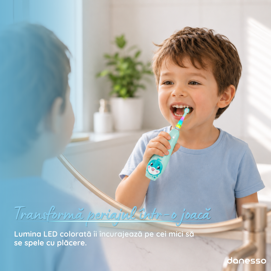 Periuta de Dinti Electrica Sonica Danesso Seago® – Curatare Delicata si Distractiva pentru Copii (0-8 ani), Turcoaz
