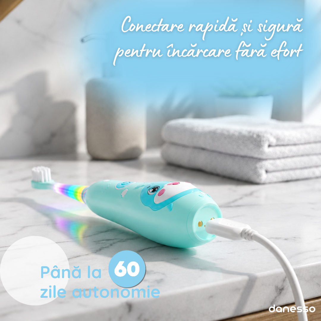 Periuta de Dinti Electrica Sonica Danesso Seago® – Curatare Delicata si Distractiva pentru Copii (0-8 ani), Turcoaz