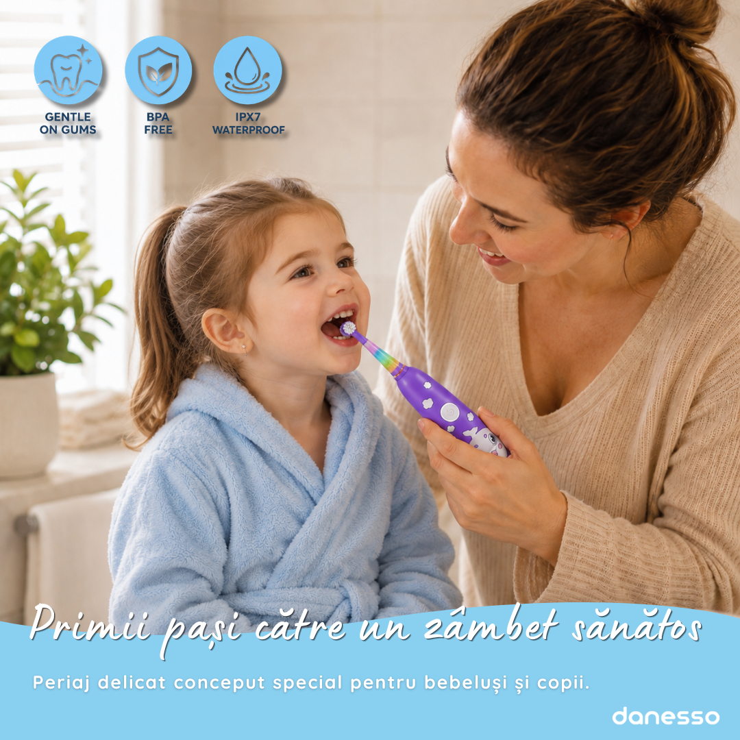 Periuta de Dinti Electrica Sonica Danesso Seago® – Curatare Delicata si Distractiva pentru Copii (0-8 ani), Mov