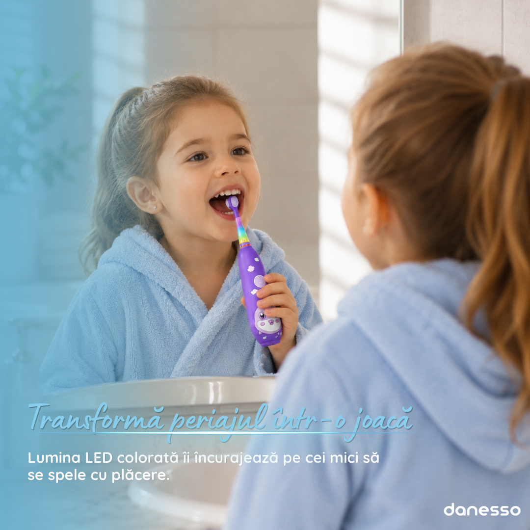 Periuta de Dinti Electrica Sonica Danesso Seago® – Curatare Delicata si Distractiva pentru Copii (0-8 ani), Mov