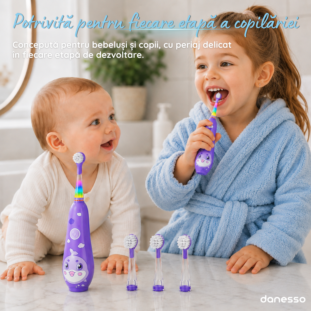 Periuta de Dinti Electrica Sonica Danesso Seago® – Curatare Delicata si Distractiva pentru Copii (0-8 ani), Mov