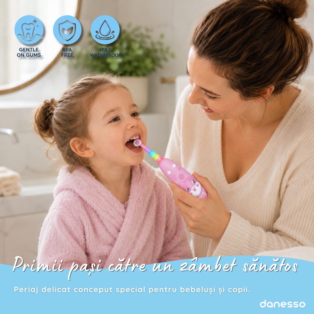 Periuta de Dinti Electrica Sonica Danesso Seago® – Curatare Delicata si Distractiva pentru Copii (0-8 ani), Roz
