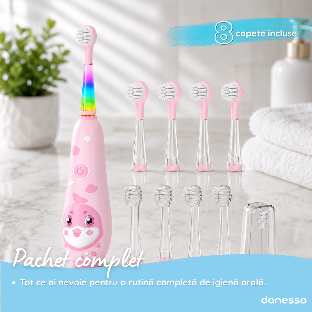 Periuta de Dinti Electrica Sonica Danesso Seago® – Curatare Delicata si Distractiva pentru Copii (0-8 ani), Roz