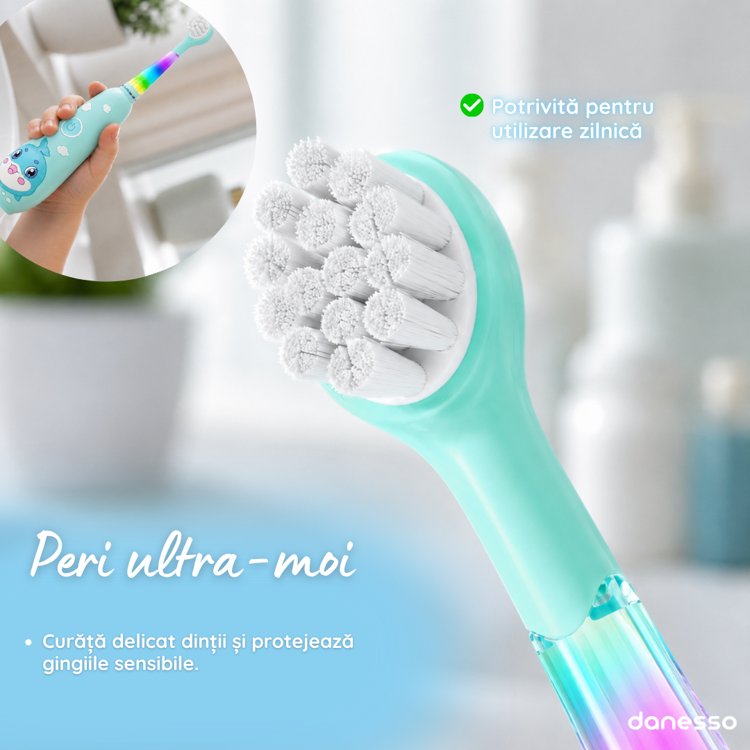 Periuta de Dinti Electrica Sonica Danesso Seago® – Curatare Delicata si Distractiva pentru Copii (0-8 ani), Turcoaz