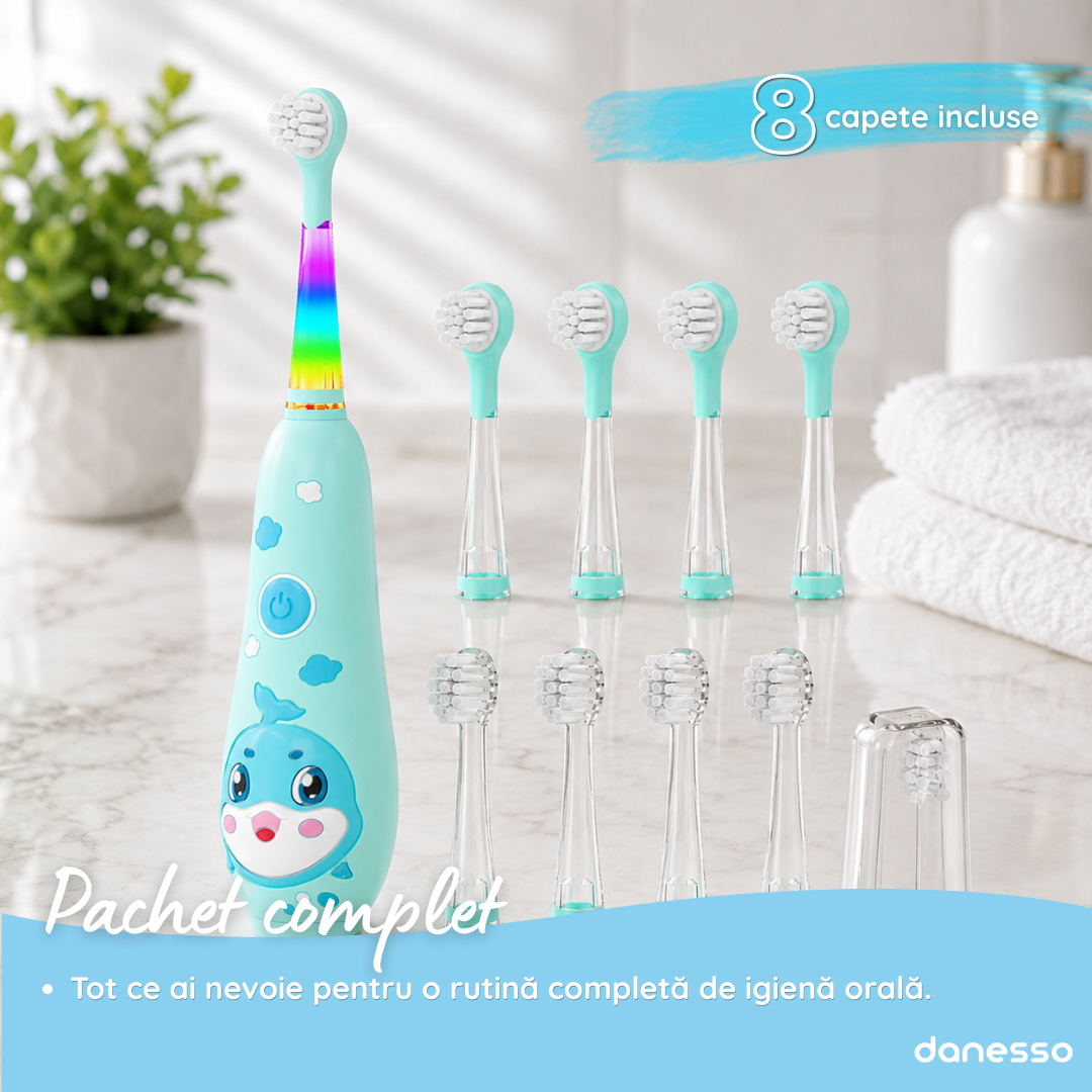 Periuta de Dinti Electrica Sonica Danesso Seago® – Curatare Delicata si Distractiva pentru Copii (0-8 ani), Turcoaz