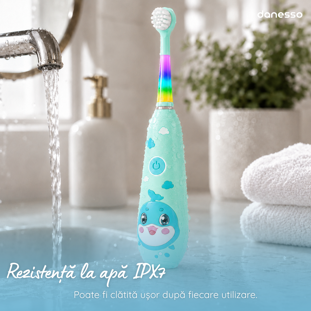 Periuta de Dinti Electrica Sonica Danesso Seago® – Curatare Delicata si Distractiva pentru Copii (0-8 ani), Turcoaz