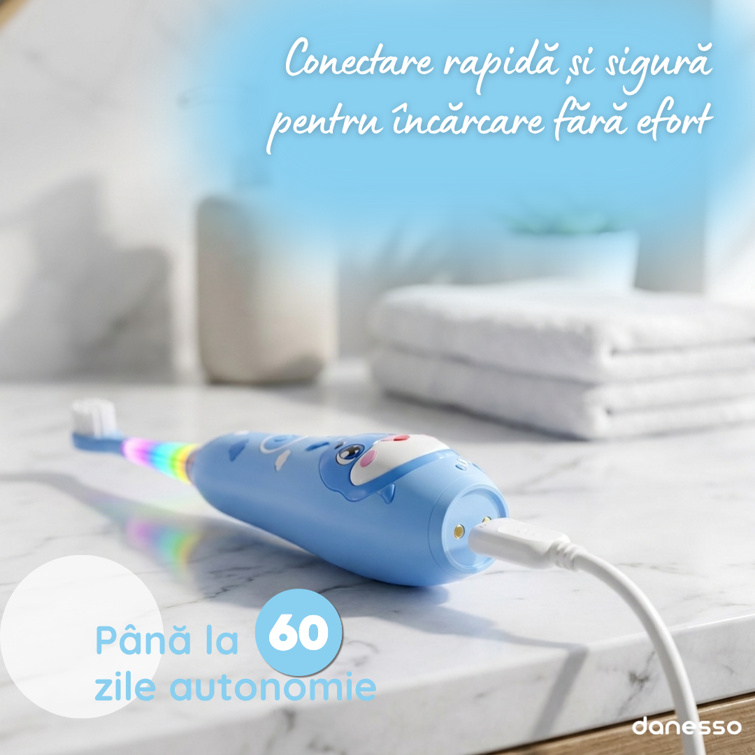 Periuta de Dinti Electrica Sonica Danesso Seago® – Curatare Delicata si Distractiva pentru Copii (0-8 ani), Albastru